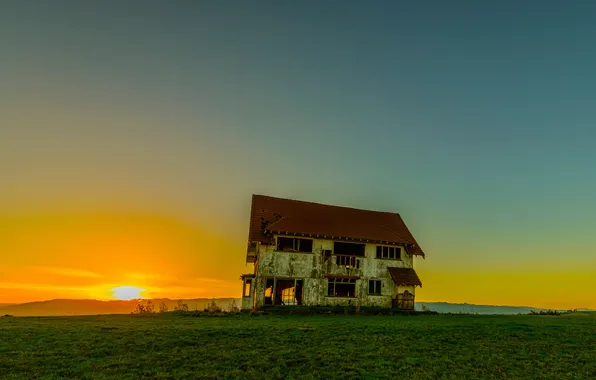 Picture field, the sky, grass, sunset, house, horizon, devastation, farm