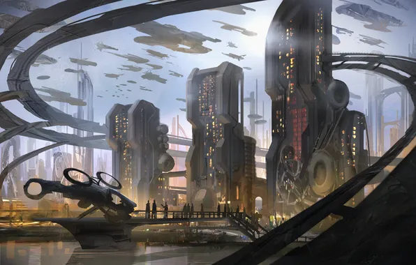 The city, future, fiction, skyscrapers, spaceships