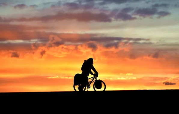 Picture field, the evening, cyclist