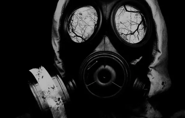 Picture black and white, gas mask, UGC