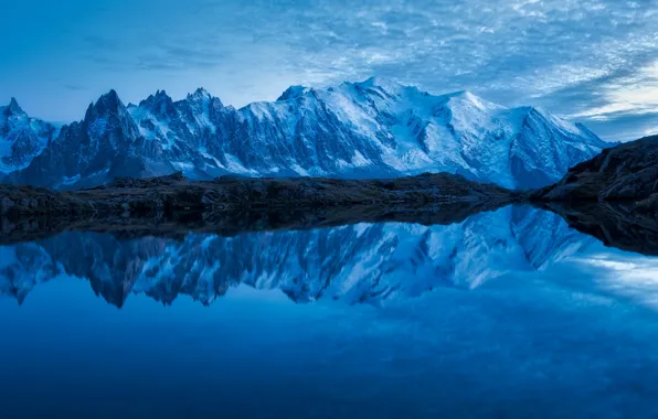 Wallpaper winter, the sky, clouds, snow, mountains, reflection, blue ...