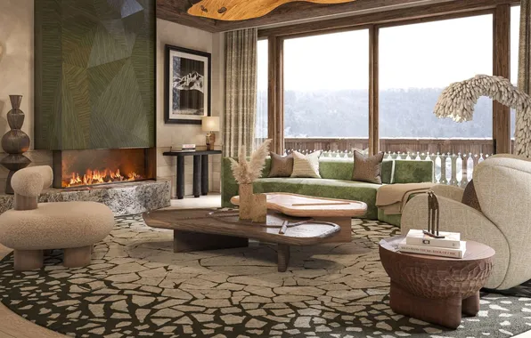 Design, style, Villa, interior, Switzerland, fireplace, living room, Chalet