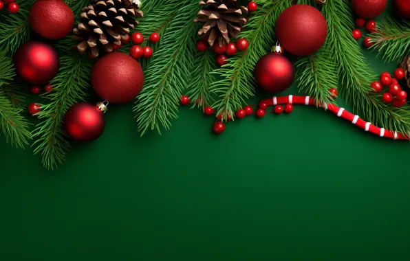 Balls, branches, Christmas, red, New year, needles, bumps, green background