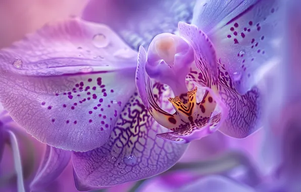 Drops, macro, flowers, orchids, lilac, Orchid, bokeh, spots