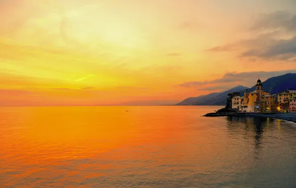 Picture sea, sunset, Italy, glow, Camogli