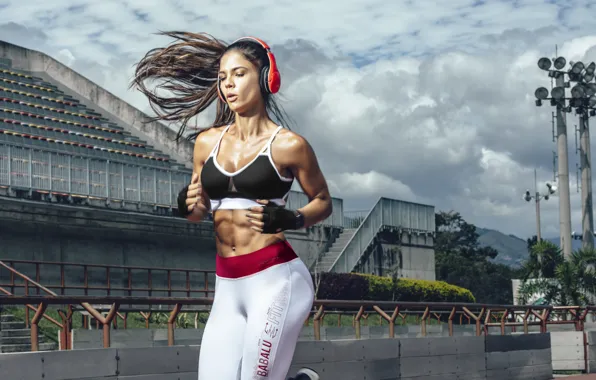 Face, sport, model, hair, body, headphones, figure, running