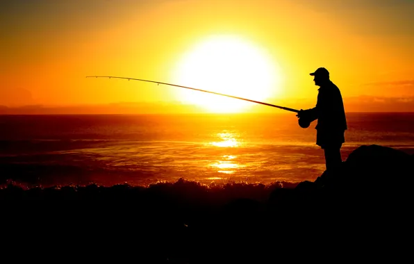 Sea, the sky, the sun, sunset, fisherman, silhouette, rod