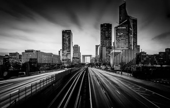 Road, movement, Paris, skyscrapers, black and white, architecture