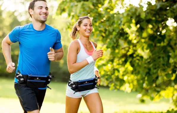 Picture couple, laughing, running, physical activity