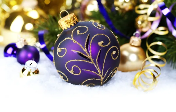 Purple, snow, patterns, toys, ball, ball, New Year, Christmas