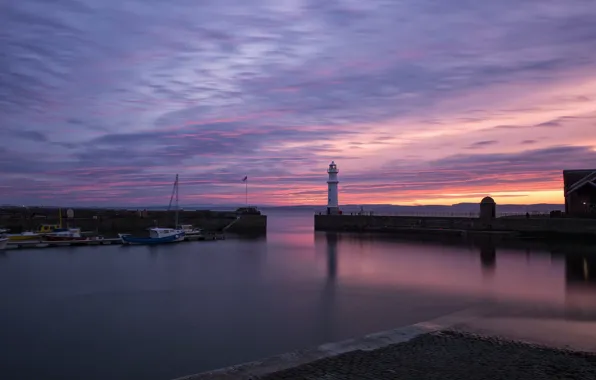 Picture the sky, clouds, sunset, river, lighthouse, the evening, Scotland, Edinburgh