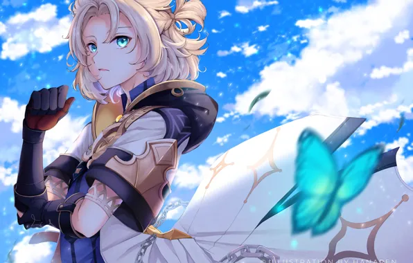 The sky, butterfly, guy, Albedo, Genshin Impact