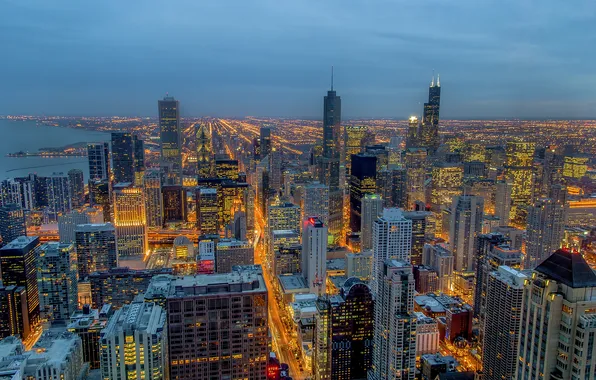 The city, lights, skyscrapers, the evening, Chicago, panorama, Illinois