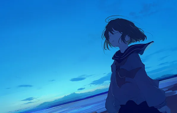 Sea, the sky, girl, twilight, school uniform
