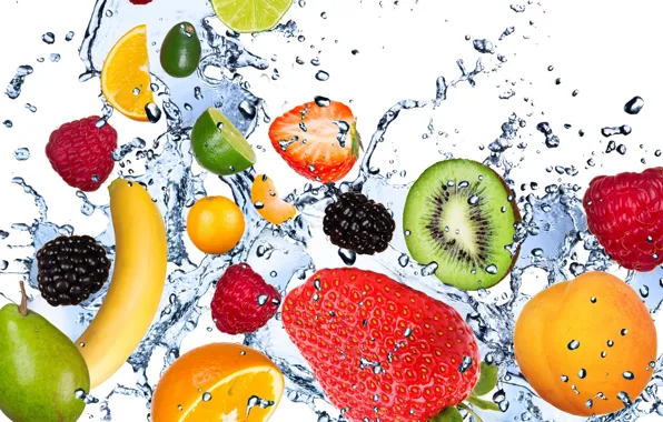 Picture water, drops, squirt, freshness, raspberry, lemon, kiwi, strawberry
