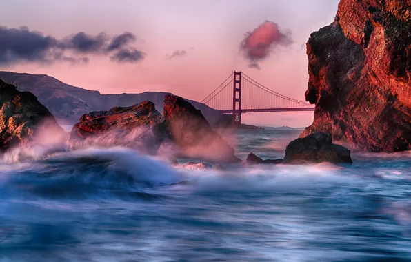 Clouds, Landscape, Bridge, Water, Sunset, Ocean, Golde Gate