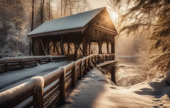 Winter, frost, forest, the sun, rays, light, snow, trees