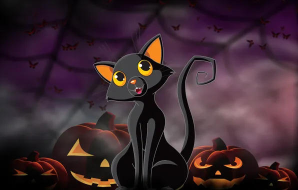 Cat, background, art, pumpkin, Halloween
