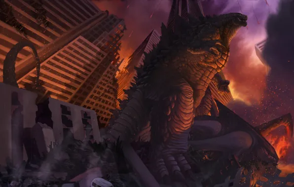 Figure, The city, Fire, Monster, Lizard, Destruction, Godzilla, Art