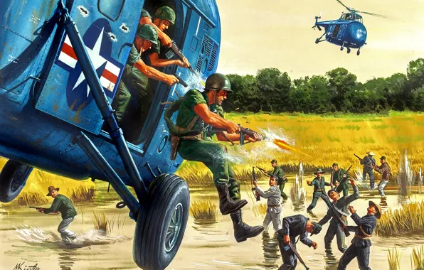 Soldiers, helicopter, battle, landing, Морт Artist