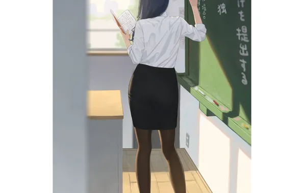 Chalkboard, teacher, anime girl, classroom