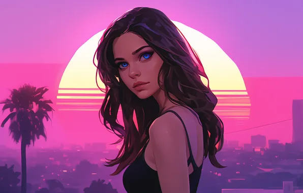 Picture long hair, sunset, blue eyes, women, brunette, palm trees, illustration, synthwave