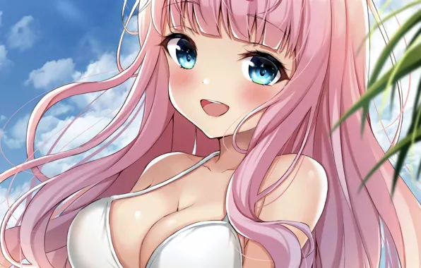 Girl, sexy, cleavage, pink hair, long hair, boobs, anime, blue eyes