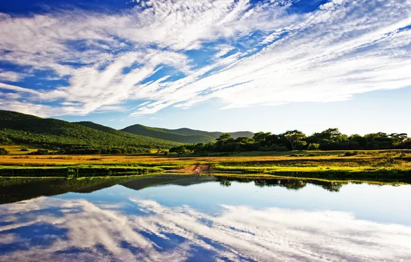 Picture the sky, landscape, nature, lake, reflection, shore, Cirrus clouds, beauty