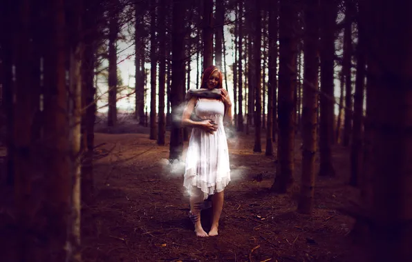 Picture forest, girl, smoke, hands, twilight