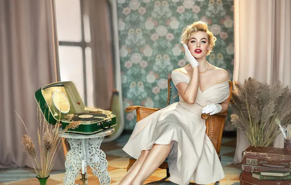 Look, girl, pose, retro, room, model, makeup, dress