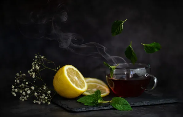 Flowers, the dark background, lemon, tea, hot, couples, mug, Cup