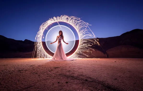 The sky, girl, light, landscape, mountains, night, nature, pose