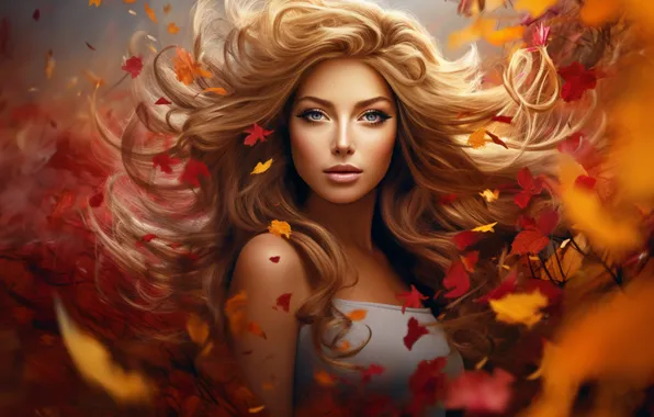 Autumn, look, girl, light, nature, face, the wind, foliage