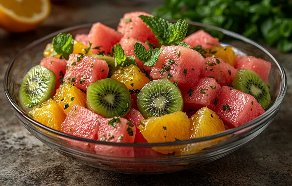 Table, food, oranges, Breakfast, watermelon, kiwi, bowl, fruit