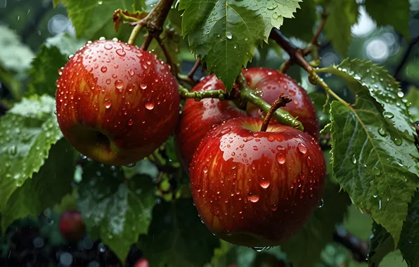 Leaves, drops, macro, branches, nature, rain, apples, red