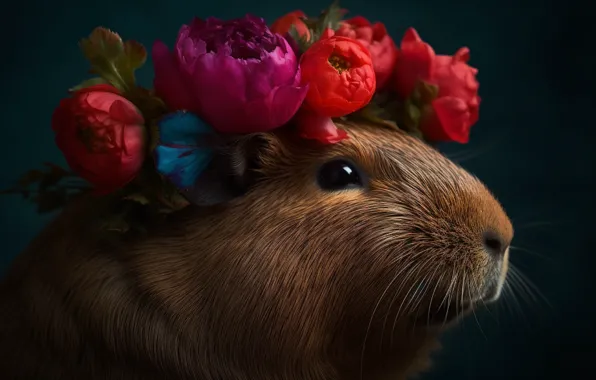 Look, flowers, the dark background, portrait, red, Guinea pig, face, wreath