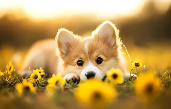Look, flowers, portrait, dog, puppy, face, Corgi, Welsh Corgi