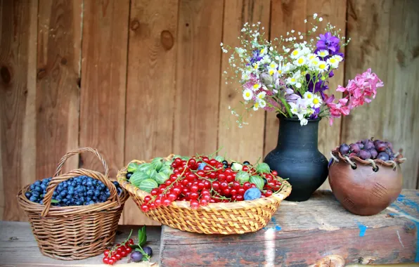 Picture summer, flowers, berries, blueberries, still life, currants, gooseberry