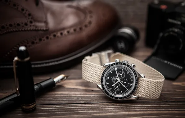Pen, watch, the camera, handle, shoes, omega, composition