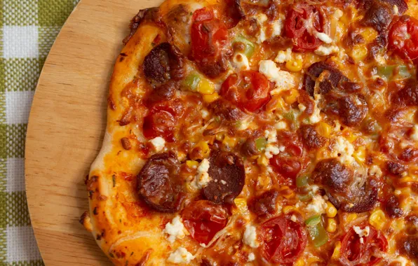 Corn, cheese, pizza, tomatoes, sausage, delicious, ruddy