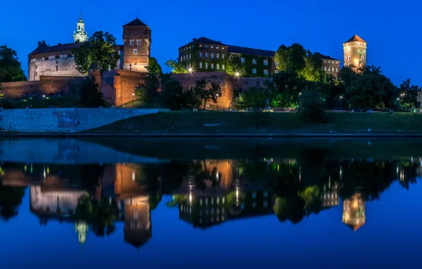 Night, lights, reflection, river, castle, Poland, Krakow, Wawel Castle