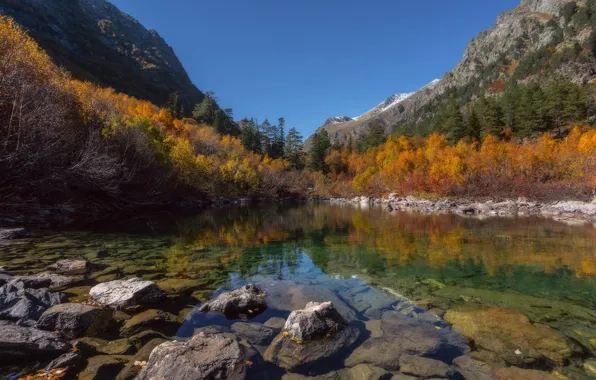 Autumn, the sky, trees, mountains, nature, lake, reflection, stones