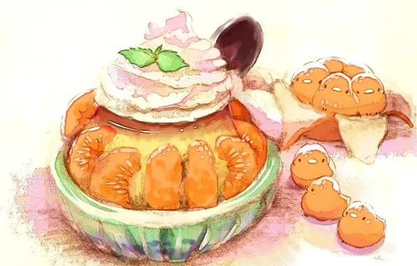 Figure, cake, tangerines
