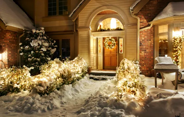 Picture winter, snow, night, nature, lights, lights, house, holiday