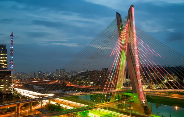 The sky, clouds, bridge, lights, river, home, the evening, support