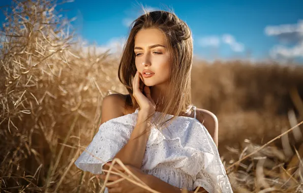 Picture field, the sky, grass, the sun, portrait, makeup, dress, hairstyle