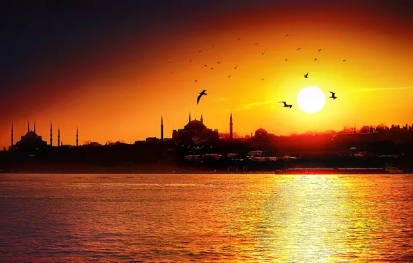 Sunset, Strait, silhouette, mosque, Istanbul, Turkey, The Bosphorus