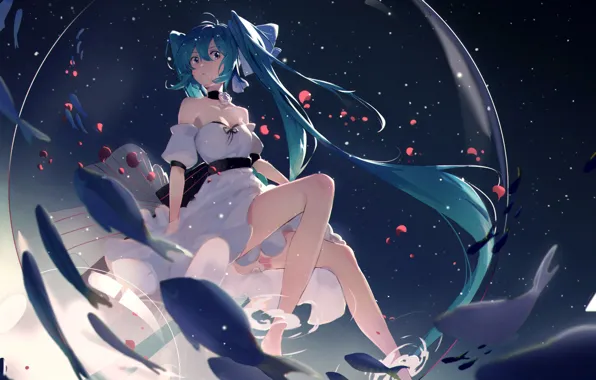 Girl, fish, bubble, Hatsune Miku, Vocaloid