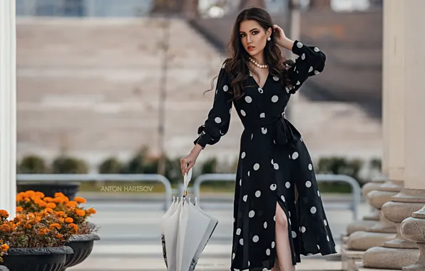 Girl, flowers, pose, umbrella, dress, polka dot, Anton Kharisov, Maria Bashmakov