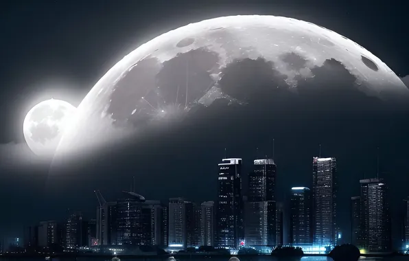 City, wallpaper, Moon, Art, Planet, Night, Cities, Houses